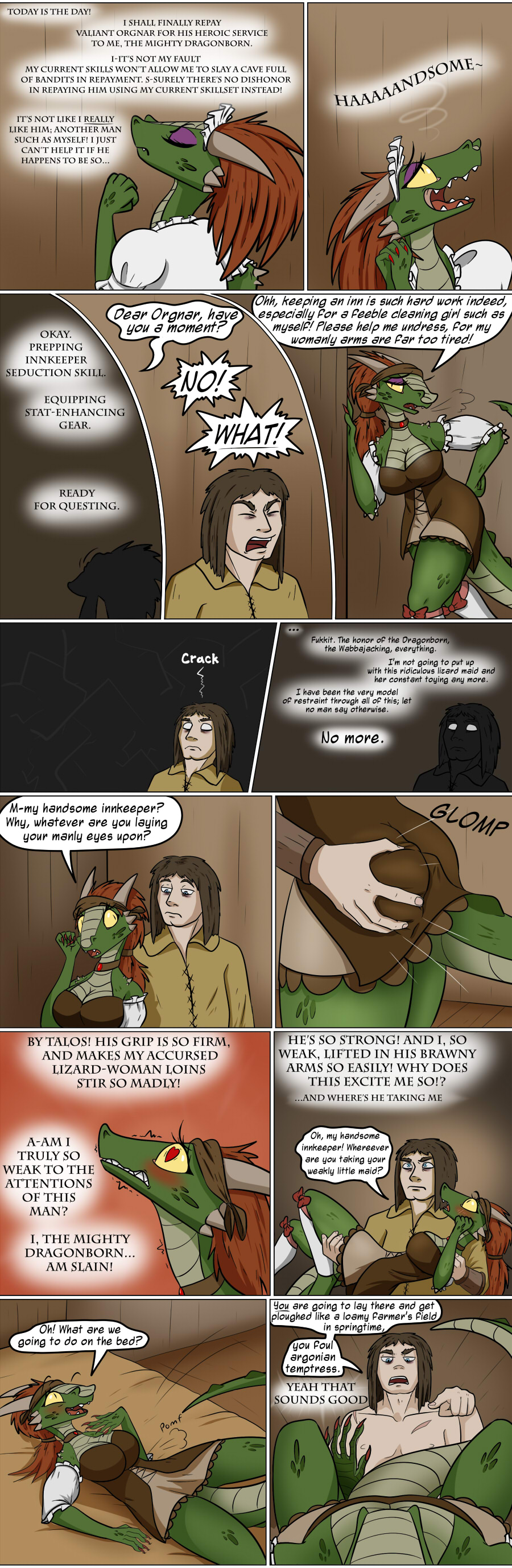 argonian breasts brown_hair butt butt_grab cleavage clothed clothing comic dialogue english_text female hair hand_on_butt human lifts-her-tail male male/female mammal mind_control red_hair scalie text the_elder_scrolls valsalia video_games yellow_eyes