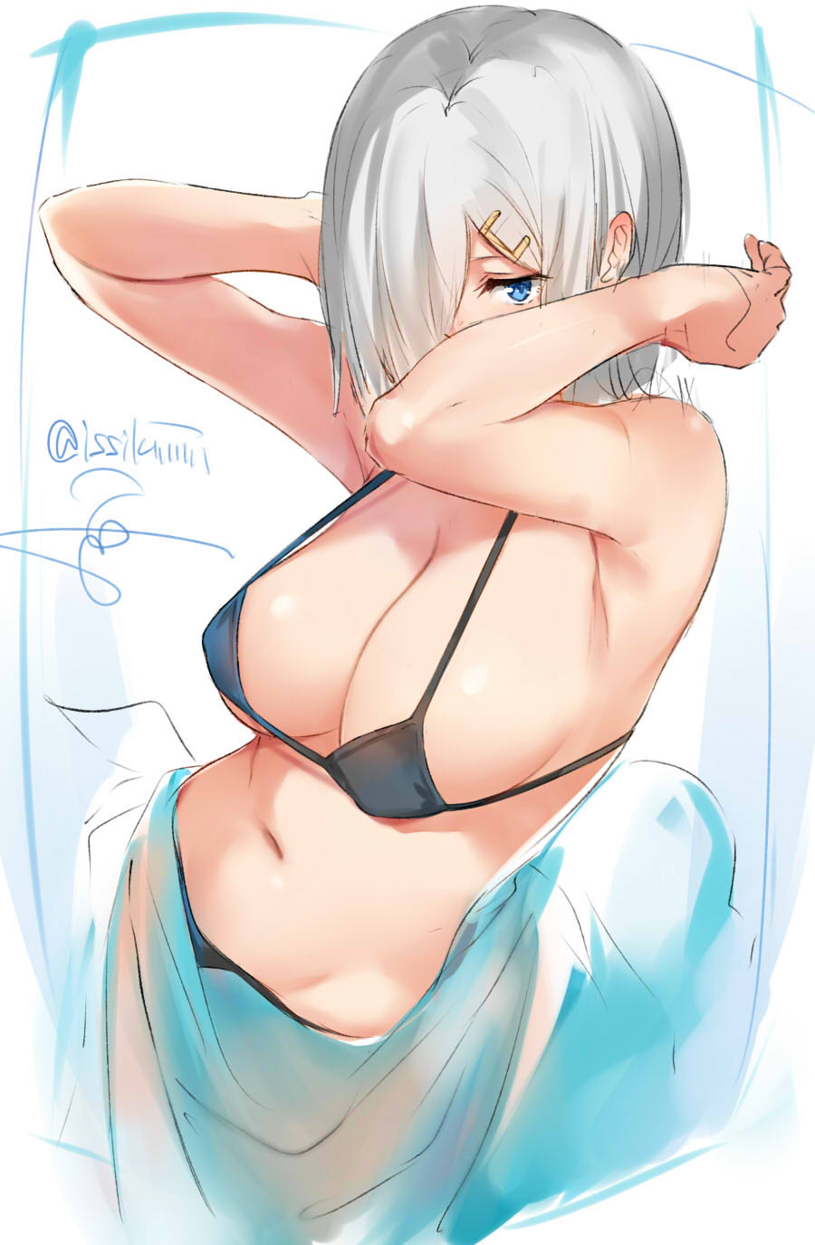 arms_behind_head bare_arms bare_shoulders bikini black_bikini blue_eyes breasts commentary covered_nipples covering_mouth from_above groin hair_ornament hair_over_one_eye hairclip hamakaze_(kantai_collection) highres isshiki_(ffmania7) kantai_collection large_breasts looking_at_viewer micro_bikini midriff navel sarong short_hair silver_hair sketch swimsuit underboob upper_body