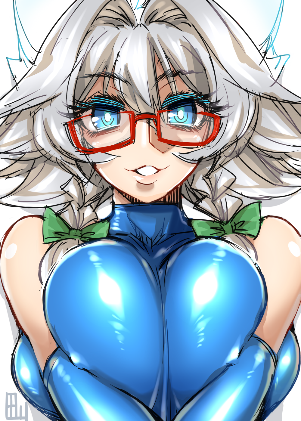 alternate_costume bangs bare_shoulders bespectacled blue_eyes blue_gloves blue_leotard bow braid breast_press breasts covered_nipples deep_skin elbow_gloves glasses gloves green_bow grey_hair grin hair_between_eyes hair_bow highres izayoi_sakuya large_breasts leotard lips looking_at_viewer red-framed_eyewear shiny shiny_clothes shiny_skin side_braid signature smile solo tajima_yuuki touhou twin_braids