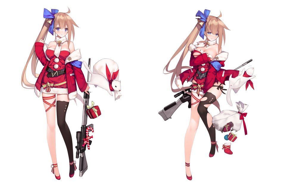 black_legwear blue_eyes blush breasts brown_hair cleavage closed_mouth eyebrows_visible_through_hair fal_(girls_frontline) gift girls_frontline gun holding holding_gun holding_weapon large_breasts looking_at_viewer ponytail ribbon santa_costume suisai thighhighs torn_clothes weapon yellow_ribbon