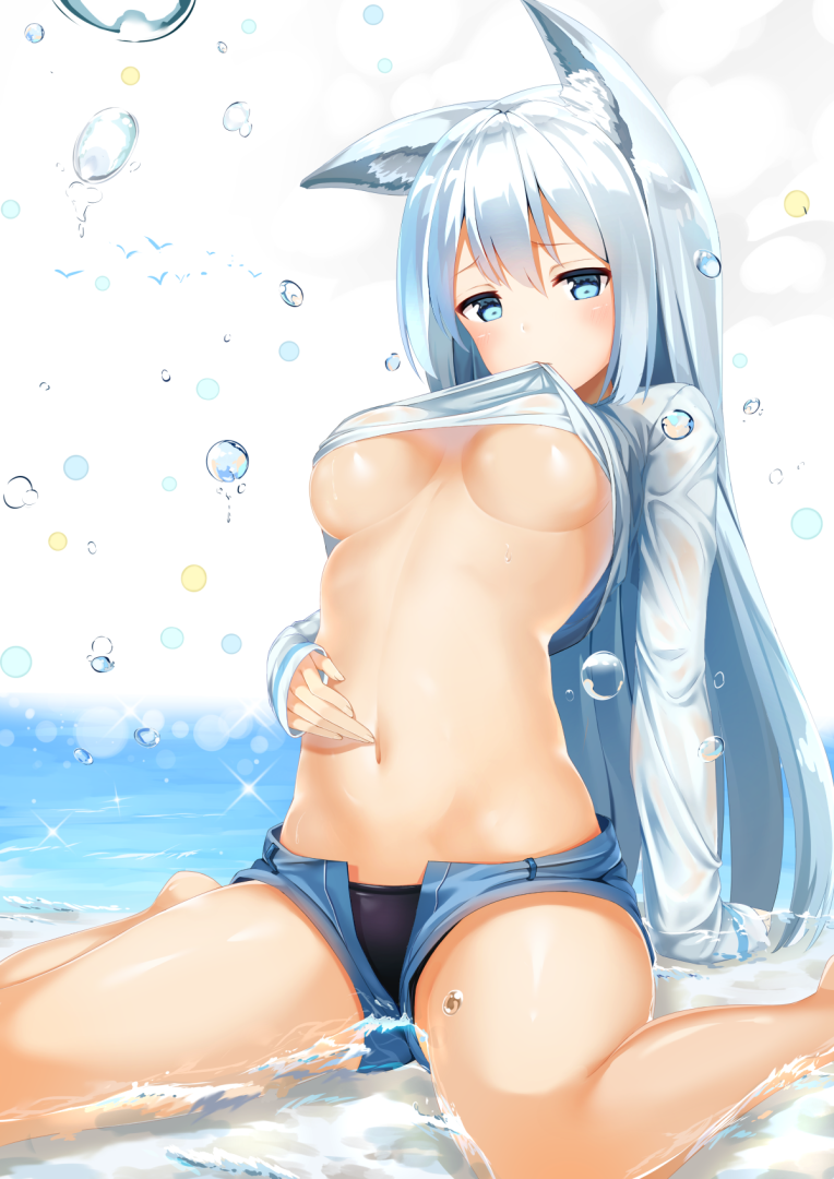 animal_ears arm_support bangs bare_legs barefoot bikini bikini_under_clothes blue_eyes breasts commentary day fox_ears hand_on_own_stomach kurotobi_rarumu lens_flare lifted_by_self long_hair long_sleeves looking_at_viewer medium_breasts midriff mouth_hold navel no_bra ocean original outdoors shirt shirt_lift short_shorts shorts silver_hair sitting solo sparkle stomach swimsuit underboob wariza water water_drop wet wet_clothes wet_shirt