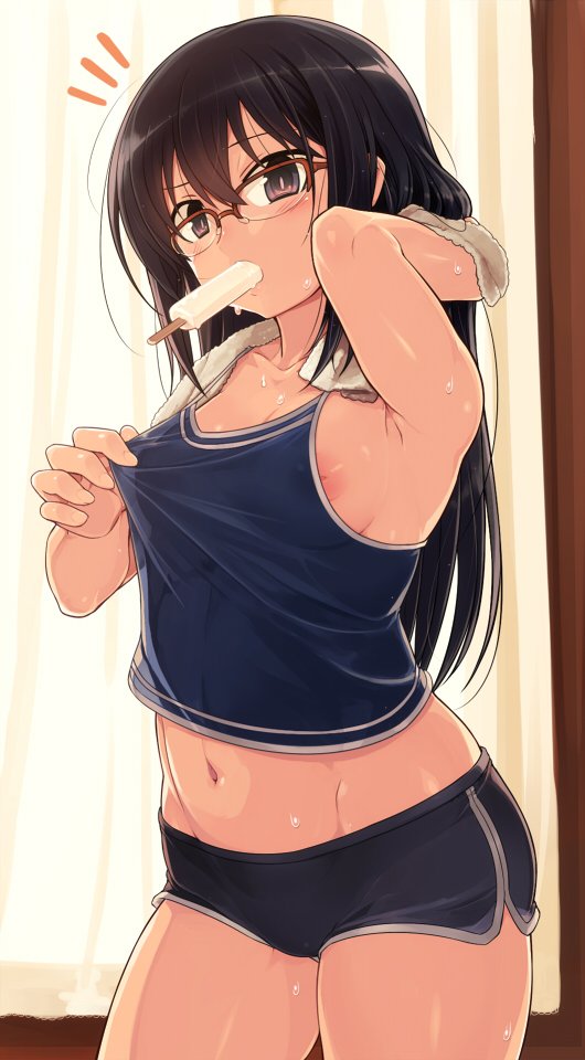 1girl arm_up armpits black_eyes black_hair boyshorts breasts camisole contrapposto cowboy_shot food food_in_mouth glasses gym_shorts jpeg_artifacts long_hair looking_at_viewer midriff mouth_hold navel nipple_slip nipples null_(nyanpyoun) original popsicle red-framed_eyewear shirt_tug short_shorts shorts simple_background small_breasts solo standing sweat white_background