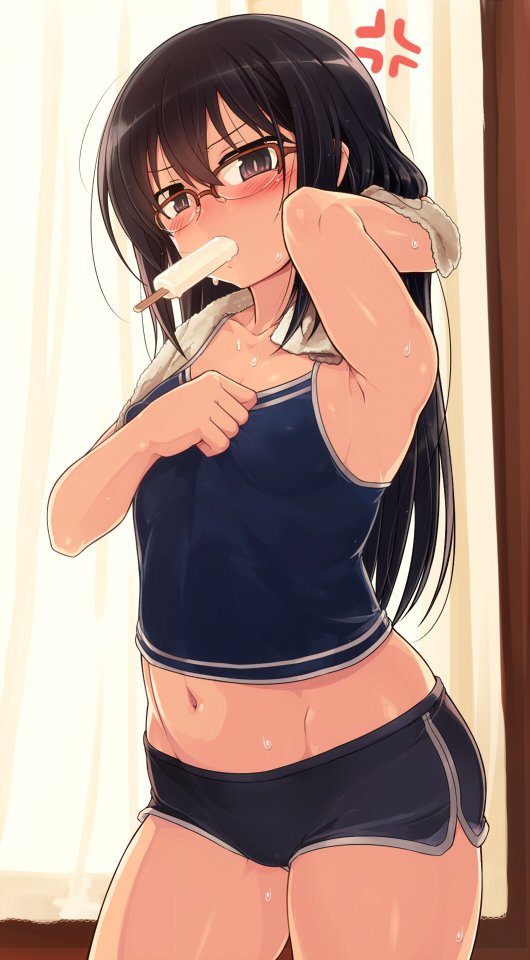 1girl anger_vein arm_up armpits black_eyes black_hair boyshorts breasts camisole contrapposto cowboy_shot food glasses jpeg_artifacts long_hair looking_at_viewer midriff mouth_hold navel null_(nyanpyoun) original popsicle red-framed_eyewear short_shorts shorts simple_background small_breasts solo standing sweat white_background