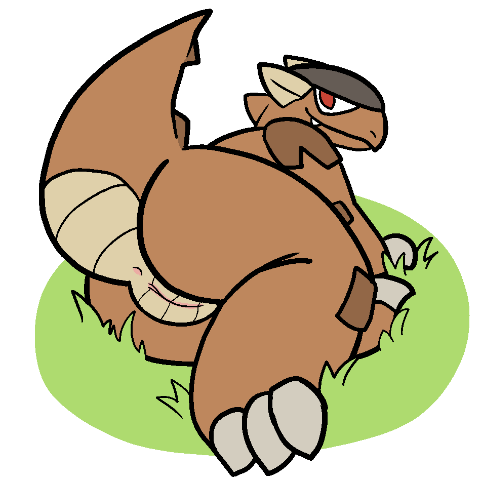 3_toes alpha_channel anus beige_body brown_body closed_smile detailed_background digital_media_(artwork) fangs female feral grass kangaskhan looking_at_viewer nintendo pok&eacute;mon pussy raised_tail rear_view red_eyes rock semi-anthro solo toes trout_(artist) video_games