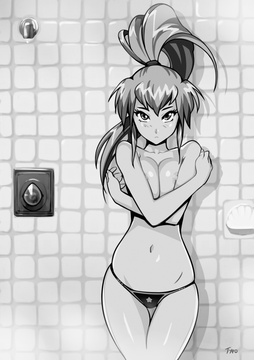 artist_name black_panties blush breasts burn-up closed_mouth collarbone commentary cowboy_shot greyscale hair_tie highres kinezono_rio large_breasts long_hair looking_at_viewer monochrome navel nipples panties ponytail self_hug sidelocks skindentation solo standing star thigh_gap tile_wall tiles topless typo_(requiemdusk) underwear