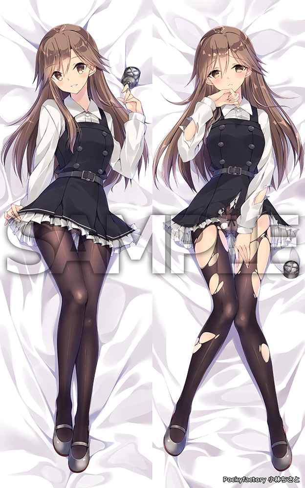 arashio_(kantai_collection) artist_name ass_visible_through_thighs bed_sheet belt belt_buckle black_belt black_dress blush bow bow_panties breasts brown_eyes brown_hair buckle buttons collared_shirt commentary_request dakimakura dated dress dress_shirt embarrassed eyebrows_visible_through_hair frilled_dress frills frown grin hair_between_eyes hand_on_thigh hand_to_own_mouth kantai_collection kobayashi_chisato long_hair long_sleeves looking_at_viewer multiple_views on_bed panties panties_under_pantyhose pantyhose pinafore_dress remodel_(kantai_collection) school_uniform searchlight shirt skirt_hold small_breasts smile thigh_gap thighband_pantyhose torn_clothes torn_legwear underwear upper_body watermark white_panties white_shirt