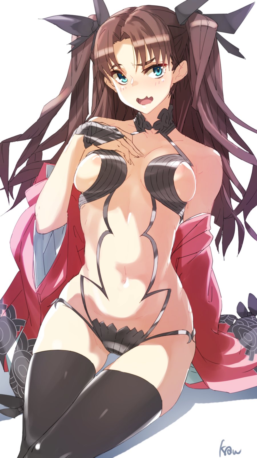 areola_slip areolae bare_shoulders black_legwear blue_eyes blush breasts brown_hair commentary_request cosplay fate/grand_order fate/stay_night fate_(series) highres japanese_clothes kaw194 kimono long_hair looking_at_viewer medium_breasts navel off_shoulder open_mouth revealing_clothes shiny shiny_hair shiny_skin shuten_douji_(fate/grand_order) shuten_douji_(fate/grand_order)_(cosplay) simple_background sitting solo thighhighs toosaka_rin two_side_up wavy_mouth white_background