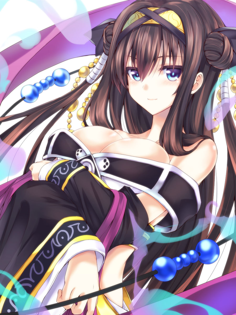 bare_shoulders beads blue_eyes breast_hold breasts brown_hair commentary double_bun hair_beads hair_between_eyes hair_ornament hairband highres large_breasts light_smile long_hair looking_at_viewer off_shoulder rinne_(sennen_sensou_aigis) sennen_sensou_aigis silve solo two_side_up upper_body wide_sleeves