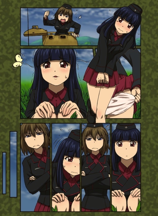 ankle_boots bangs black_footwear black_hair black_hat black_jacket black_legwear blue_eyes blunt_bangs blush boots brown_hair bug butterfly closed_mouth colored_pencil_(medium) comic crossed_arms day dress_shirt extra flying_sweatdrops frown fume garrison_cap girls_und_panzer grass hat have_to_pee hime_cut insect jacket kuromorimine_military_uniform long_hair long_sleeves looking_at_another military military_hat military_uniform miniskirt outdoors panties panty_pull parted_lips pleated_skirt purple_eyes red_shirt red_skirt shirt short_hair shouting skirt skirt_lift socks squatting standing tank_cupola tearing_up toyomaru traditional_media trembling underwear uniform wavy_mouth white_panties