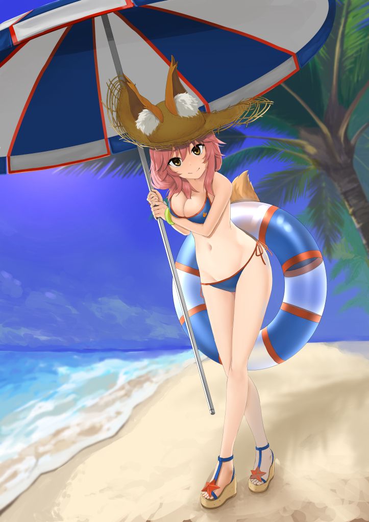 animal_ears bikini blue_bikini breasts cleavage day ears_through_headwear fate/extra fate/grand_order fate_(series) fox_ears fox_tail hat large_breasts long_hair looking_at_viewer navel ocean outdoors palm_tree parasol pink_hair quuukiii sandals solo swimsuit tail tamamo_(fate)_(all) tamamo_no_mae_(fate) tamamo_no_mae_(swimsuit_lancer)_(fate) tree umbrella yellow_eyes