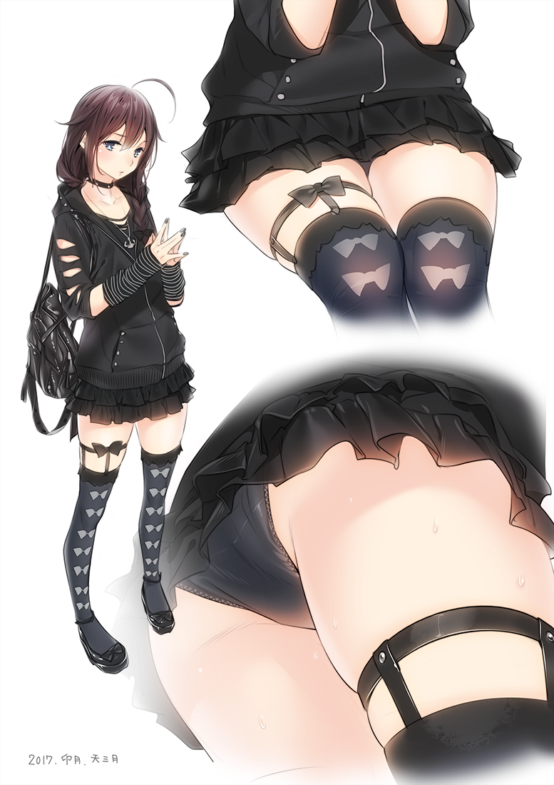 ahoge alternate_costume ama_mitsuki ass asymmetrical_clothes black_legwear black_nails black_panties blue_eyes brown_hair casual collar contemporary dated fingerless_gloves from_below full_body gloves hair_between_eyes hair_flaps hair_over_one_eye hands_together kantai_collection lips long_hair looking_at_viewer multiple_views nail_polish panties pantyshot pantyshot_(sitting) pantyshot_(standing) parted_lips ribbon-trimmed_legwear ribbon_trim shigure_(kantai_collection) sitting skindentation skirt skirt_set spiked_collar spikes standing sweat thighhighs thighs underwear
