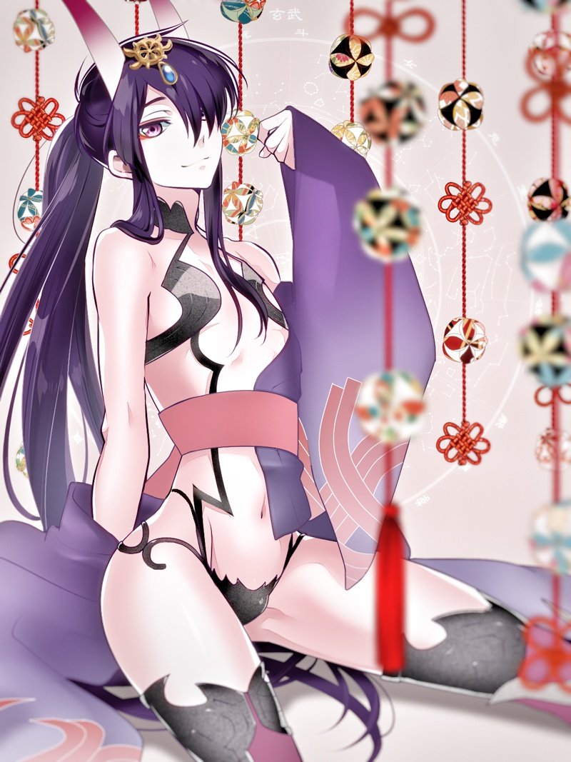 black_hair blue_eyes bulge cosplay cup drifters fangs fate/grand_order fate_(series) fujiwara_riyu hair_over_one_eye hair_ribbon horns japanese_clothes kimono long_hair looking_at_viewer male_focus nasu_no_yoichi oni oni_horns open_clothes open_kimono otoko_no_ko ponytail revealing_clothes ribbon sakazuki shuten_douji_(fate/grand_order) shuten_douji_(fate/grand_order)_(cosplay) smile solo