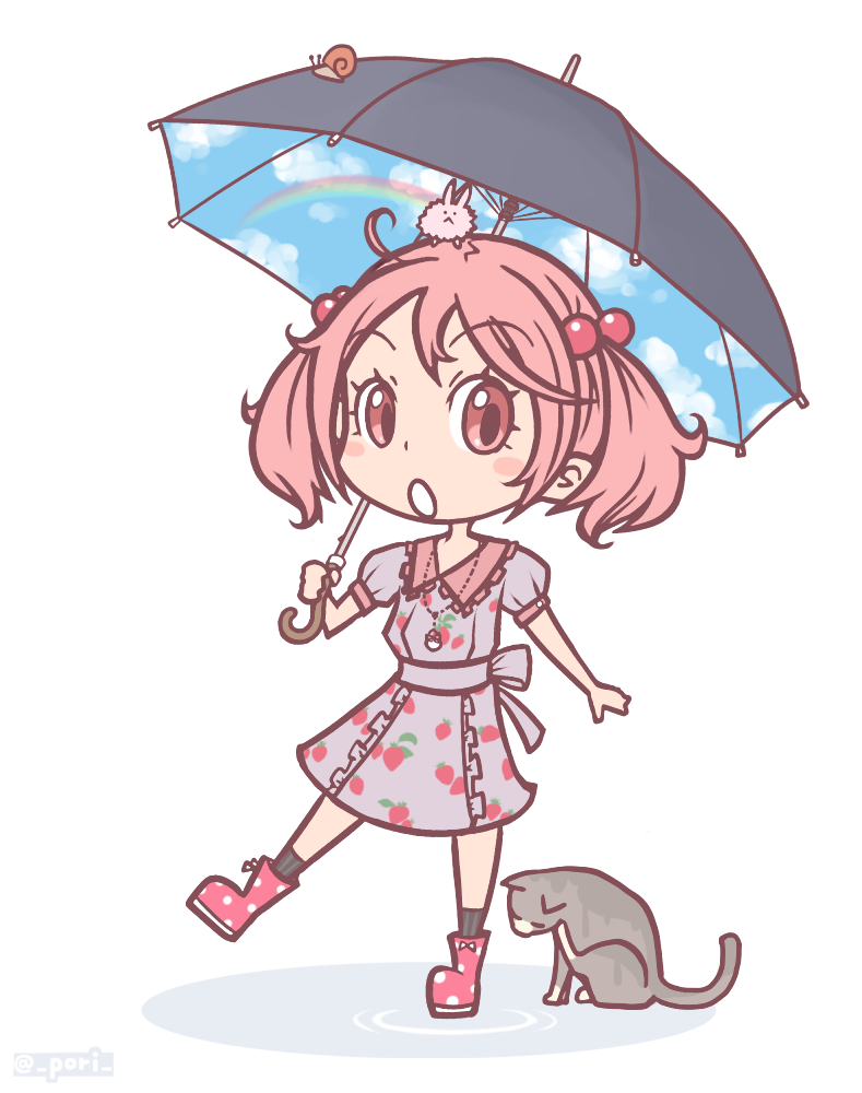 alternate_costume cat food_print hair_bobbles hair_ornament holding holding_umbrella jewelry kantai_collection lavender_dress necklace open_mouth pink_eyes pink_hair pori_(poritan81) puffy_short_sleeves puffy_sleeves sazanami_(kantai_collection) short_hair short_sleeves snail solo strawberry_print twintails twitter_username umbrella white_background