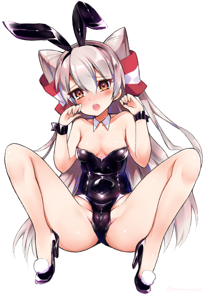 :o amatsukaze_(kantai_collection) animal_ears bare_legs bare_shoulders black_footwear blush breasts bunny_ears bunnysuit cameltoe cleavage detached_collar hairband high_heels kantai_collection long_hair nose_blush orange_eyes sakurayume_kome shoes silver_hair simple_background sitting small_breasts solo spread_legs very_long_hair white_background wrist_cuffs