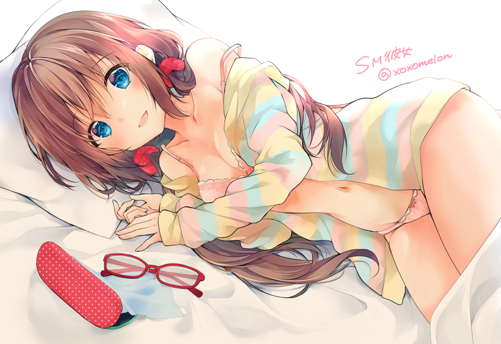 :d bangs bed_sheet blanket blue_eyes blush bow bow_panties bra breasts brown_hair collarbone copyright_name cowboy_shot eyebrows_visible_through_hair glasses hair_between_eyes long_hair long_sleeves looking_at_viewer lying medium_breasts multicolored multicolored_stripes navel no_pants off_shoulder on_side open_clothes open_mouth original panties peke_(xoxopeke) pillow pink_bow pink_bra pink_panties simple_background smile solo stomach striped twintails twitter_username underwear white_background