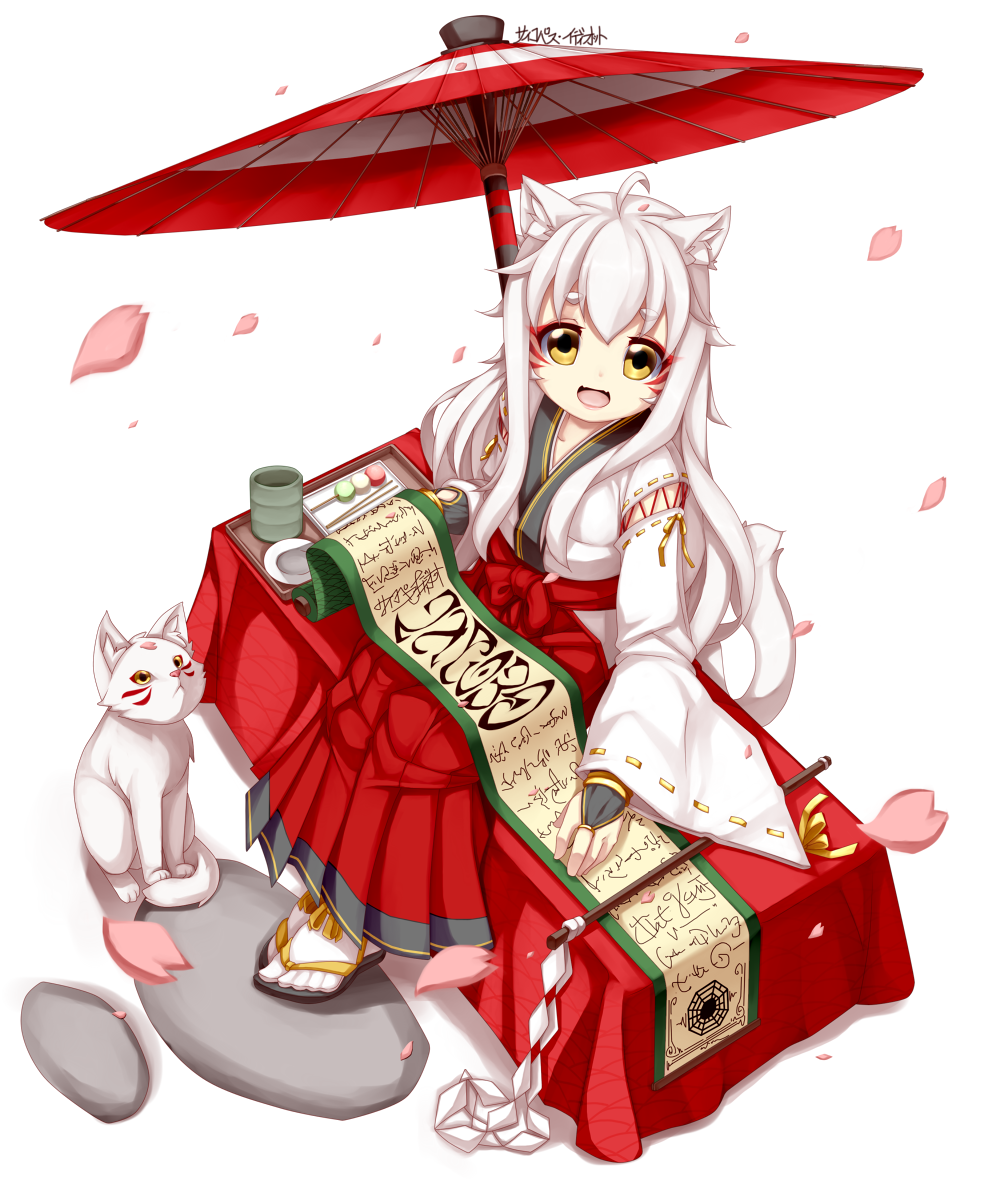:d artist_name bridal_gauntlets cat cherry_blossoms commentary cup dango food from_above gohei hakama japanese_clothes long_hair looking_at_viewer open_mouth oriental_umbrella original petals psychopath_idiot sanshoku_dango scroll simple_background sitting smile solo tray umbrella wagashi white_background white_hair wide_sleeves yellow_eyes yunomi