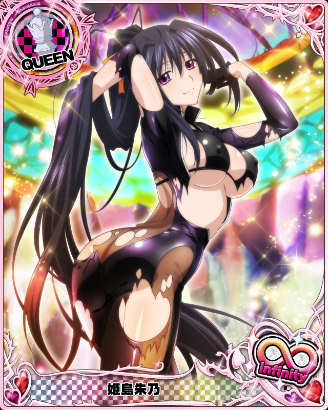 ass bikini_top black_gloves black_hair breasts card_(medium) catsuit character_name chess_piece covered_nipples gloves hair_ribbon high_school_dxd high_school_dxd_infinity himejima_akeno large_breasts long_hair long_ponytail official_art open_clothes ponytail purple_eyes queen_(chess) ribbon smile solo standing torn_clothes trading_card very_long_hair