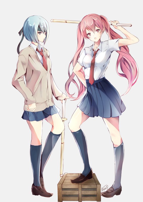 atoatto berka_(fire_emblem_if) blue_hair bob_cut fire_emblem fire_emblem_if grey_background headband kneehighs loafers long_hair luna_(fire_emblem_if) multiple_girls necktie open_mouth pink_eyes pink_hair school_uniform shinai shoes short_hair short_sleeves simple_background skirt sword twintails uniform weapon