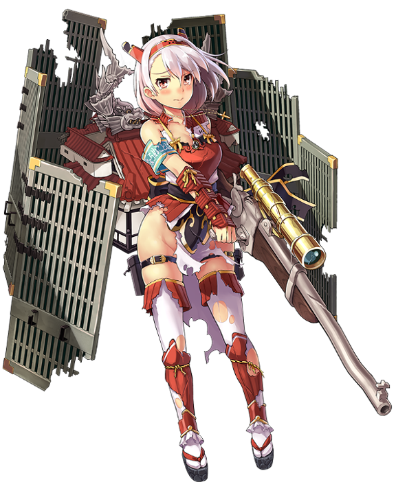 aizuwakamatsu_(oshiro_project) antique_firearm architecture armband armor breastplate castle east_asian_architecture firearm full_body gun hairband holding holding_weapon horns kekemotsu looking_at_viewer no_panties official_art oshiro_project oshiro_project_re red_eyes rifle scope shachihoko short_hair smile solo thighhighs torn_clothes torn_legwear transparent_background wavy_mouth weapon white_hair