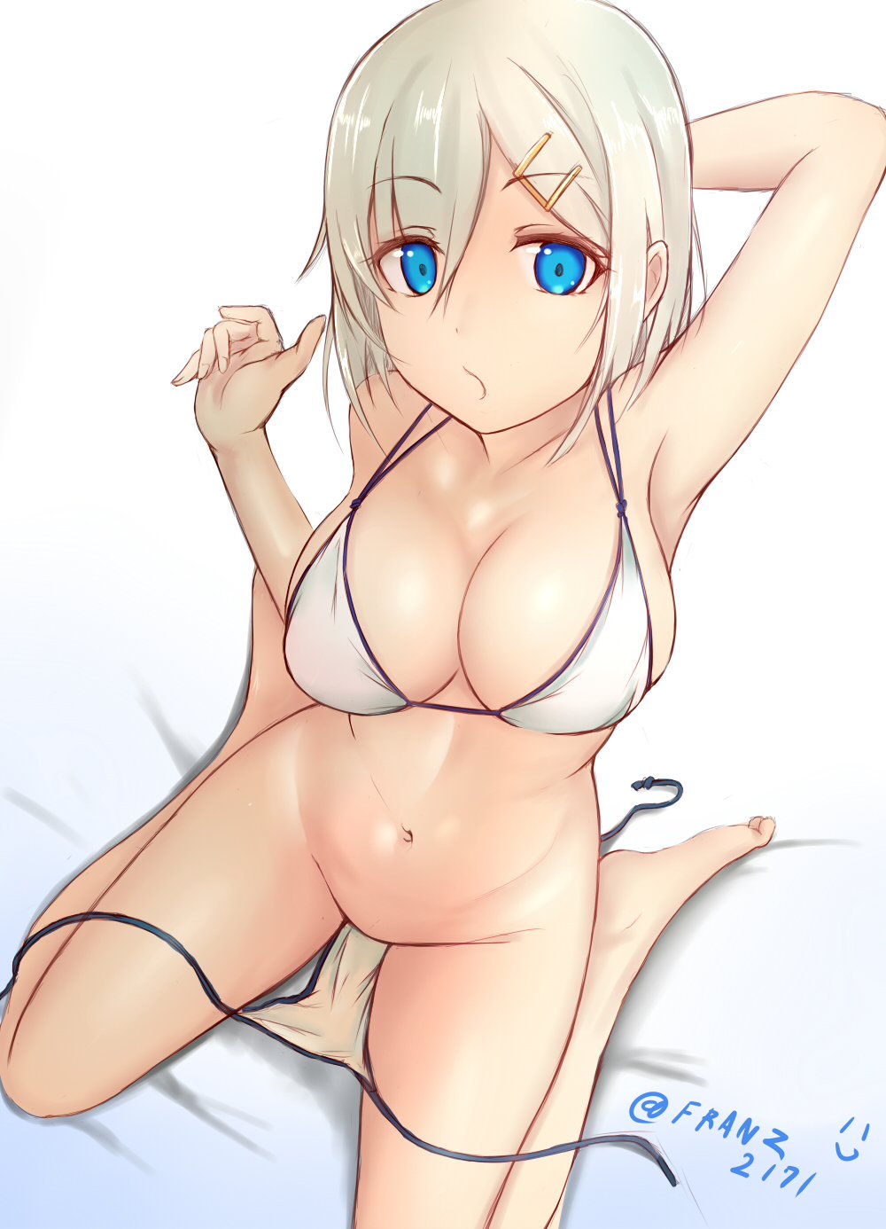 armpits bed_sheet bikini blue_eyes breasts cleavage closed_mouth collarbone eyebrows_visible_through_hair franz_(217franz) hair_ornament hairclip hamakaze_(kantai_collection) hand_behind_head highres kantai_collection large_breasts looking_at_viewer looking_up navel panties panty_pull short_hair silver_hair simple_background sitting skindentation solo swimsuit twitter_username underwear wariza white_background white_bikini
