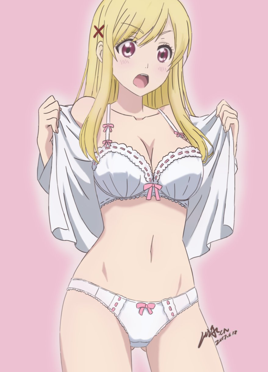 :o blonde_hair bow bow_panties bra breasts cleavage collarbone commentary cowboy_shot dated eyebrows_visible_through_hair hair_ornament hairclip highres long_hair looking_at_viewer medium_breasts navel open_clothes open_mouth open_shirt panties pink_background purple_eyes ribbon-trimmed_bra ribbon-trimmed_panties shiraishi_urara shirt sidelocks signature solo standing stomach ue_ryouten_no_kawazoe-sensei underwear v-shaped_eyebrows white_bra white_panties white_shirt yamada-kun_to_7-nin_no_majo