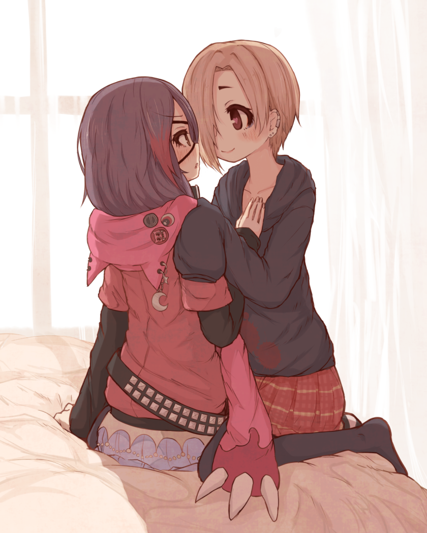 animal_hood bags_under_eyes blonde_hair blush brown_eyes cat_hood commentary_request ear_piercing earrings eyepatch hair_over_one_eye hayasaka_mirei hood hoodie idolmaster idolmaster_cinderella_girls jewelry long_hair multicolored_hair multiple_girls on_bed pantyhose pery_lene piercing purple_hair shirasaka_koume short_hair skirt sleeves_past_wrists yuri