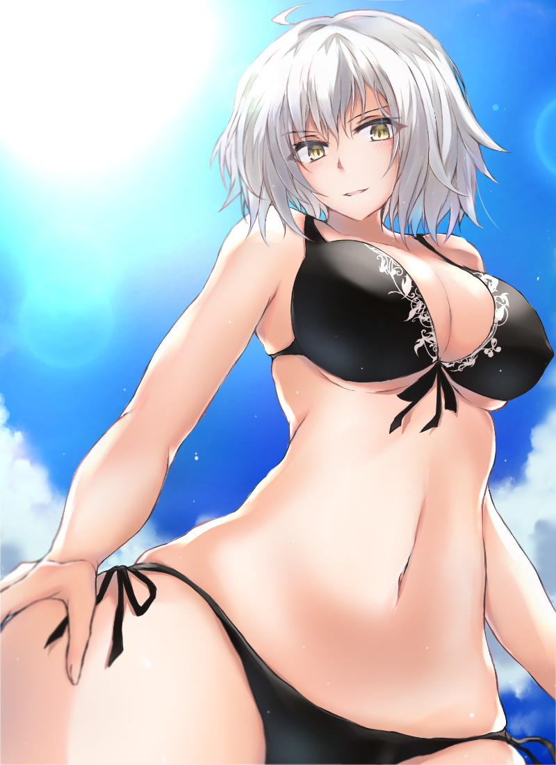 bikini blonde_hair cloud covered_nipples day eyelashes fate/grand_order fate_(series) hand_on_hip jeanne_d'arc_(alter)_(fate) jeanne_d'arc_(fate)_(all) navel short_hair skindentation sky solo swimsuit yellow_eyes yuki_maccha_(yukimattya10)