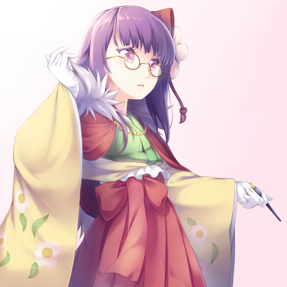 bespectacled capelet cowboy_shot floral_print flower forbidden_scrollery glasses gloves hair_flower hair_ornament hakama hieda_no_akyuu japanese_clothes kimono long_sleeves midorino_eni parted_lips pen purple_eyes purple_hair red-framed_eyewear solo touhou white_gloves wide_sleeves