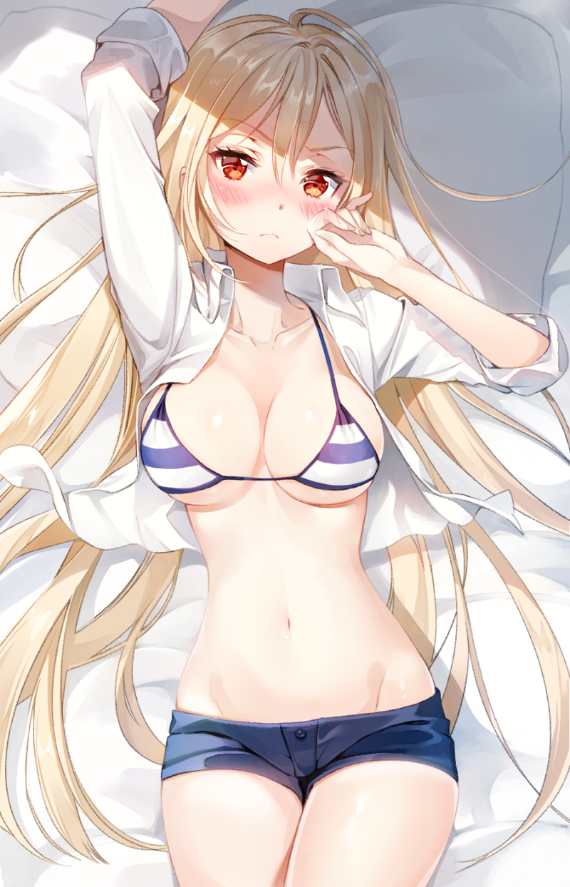 arm_up bikini_top blonde_hair blush breasts chagoon collarbone collared_shirt cowboy_shot crop_top cropped_shirt dungeon_and_fighter embarrassed frown groin hair_between_eyes hand_on_own_face hand_up highres long_hair looking_at_viewer looking_up lying medium_breasts navel on_back on_bed open_clothes open_shirt red_eyes shiny shiny_skin shirt short_shorts shorts solo stomach striped_bikini_top underboob very_long_hair white_shirt