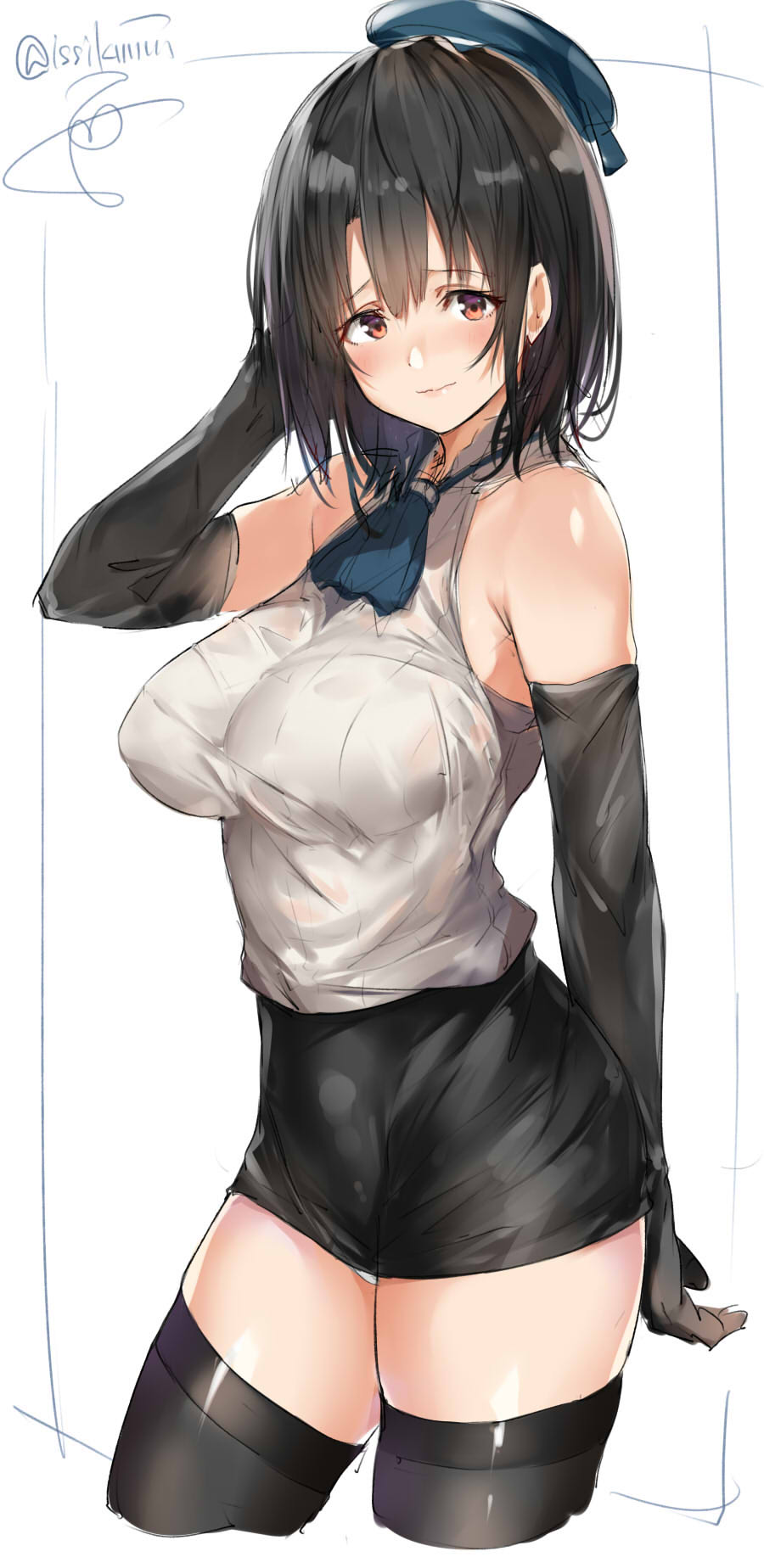 arm_behind_back bare_shoulders beret black_hat black_legwear black_skirt blouse blue_hair blue_neckwear blush breasts closed_mouth cropped_legs elbow_gloves from_side gloves hand_in_hair hat highres isshiki_(ffmania7) kantai_collection large_breasts lips looking_at_viewer neckerchief panties pantyshot pantyshot_(standing) pencil_skirt red_eyes short_hair simple_background sketch skindentation skirt sleeveless_blouse solo standing takao_(kantai_collection) thighhighs underwear white_background white_blouse white_panties
