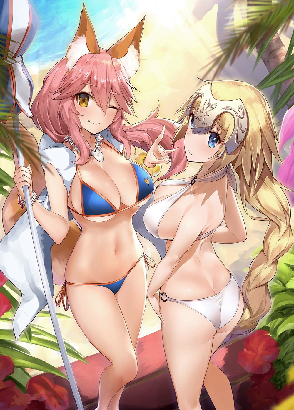 animal_ears ass back bangs bare_shoulders bikini bikini_under_clothes blonde_hair blue_bikini blue_eyes blush bracelet braid breasts cleavage commentary_request criss-cross_halter day eyebrows_visible_through_hair fang fate/apocrypha fate/extra fate/grand_order fate_(series) flower fox_ears fox_shadow_puppet fox_tail hair_between_eyes halterneck headpiece highres hips jeanne_d'arc_(fate) jeanne_d'arc_(fate)_(all) jewelry large_breasts legs long_braid long_hair looking_at_viewer looking_to_the_side multiple_girls navel necklace o-ring o-ring_bikini one_eye_closed open_clothes open_vest outdoors palm_tree parasol pink_hair ponytail shade side-tie_bikini sideboob sidelocks single_braid smile sunlight swimsuit tail tamamo_(fate)_(all) tamamo_no_mae_(fate) tamamo_no_mae_(swimsuit_lancer)_(fate) thighs tree umbrella very_long_hair vest water white_bikini yaman yellow_eyes