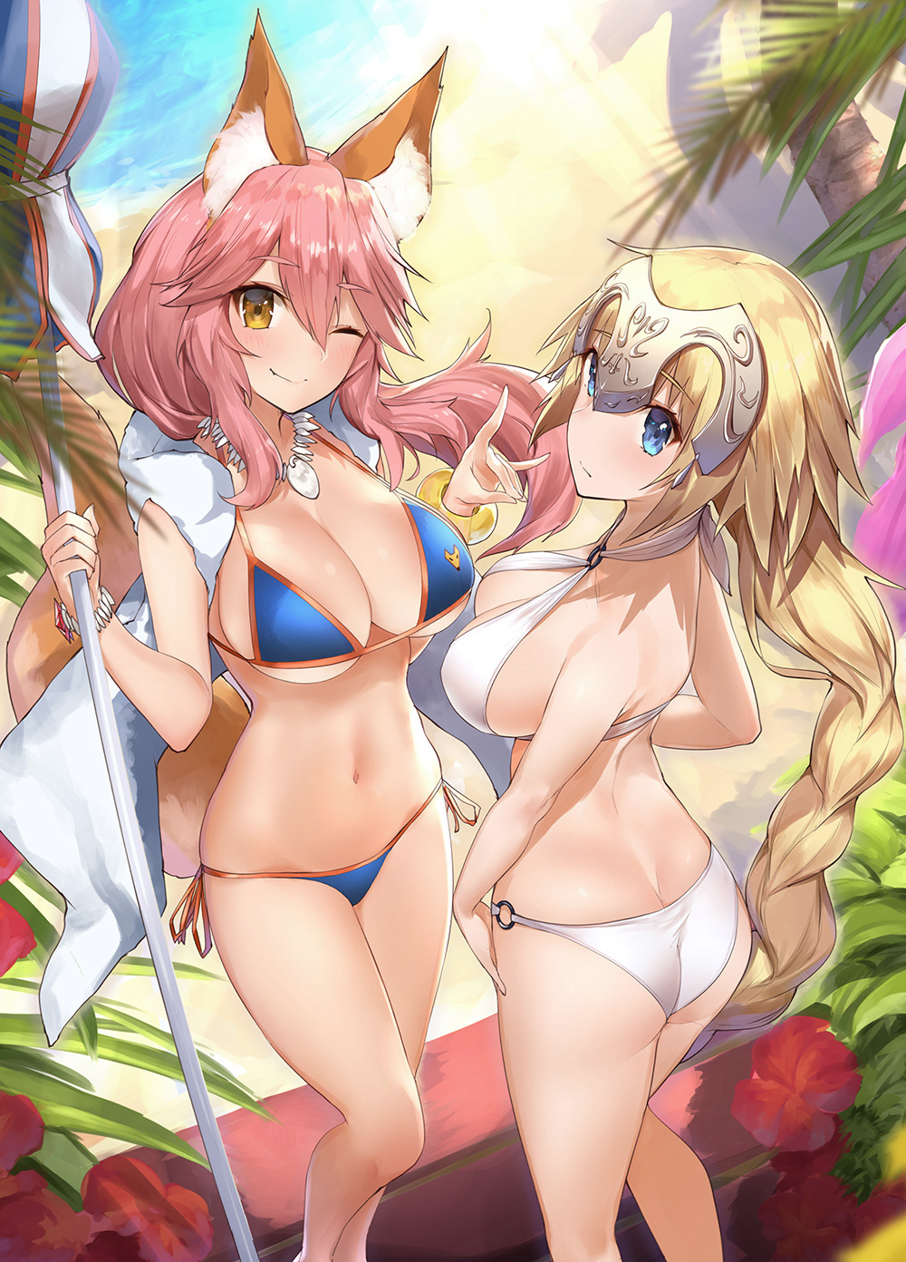 animal_ears ass back bangs bare_shoulders bikini bikini_under_clothes blonde_hair blue_bikini blue_eyes blush bracelet braid breasts cleavage commentary_request criss-cross_halter day eyebrows_visible_through_hair fang fate/apocrypha fate/extra fate/grand_order fate_(series) flower fox_ears fox_shadow_puppet fox_tail hair_between_eyes halterneck headpiece highres hips jeanne_d'arc_(fate) jeanne_d'arc_(fate)_(all) jewelry large_breasts legs long_braid long_hair looking_at_viewer looking_to_the_side multiple_girls navel necklace o-ring o-ring_bikini one_eye_closed open_clothes open_vest outdoors palm_tree parasol pink_hair ponytail revision shade side-tie_bikini sideboob sidelocks single_braid smile sunlight swimsuit tail tamamo_(fate)_(all) tamamo_no_mae_(fate) tamamo_no_mae_(swimsuit_lancer)_(fate) thighs tree umbrella very_long_hair vest water white_bikini yaman yellow_eyes