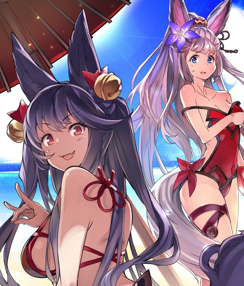 :d animal_ears bare_shoulders beach bell bikini blue_eyes blue_hair blue_sky breasts casual_one-piece_swimsuit covered_navel day erune fang flower fox_shadow_puppet granblue_fantasy hair_bell hair_flower hair_ornament horizon jpeg_artifacts large_breasts long_hair looking_at_viewer medium_breasts multiple_girls one-piece_swimsuit open_mouth oriental_umbrella outdoors red_eyes red_swimsuit ribbon sideboob sky smile socie_(granblue_fantasy) super_zombie sweatdrop swimsuit tail thigh_ribbon umbrella yuel_(granblue_fantasy)