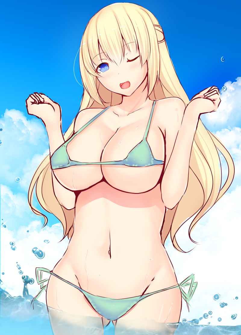 arms_up bikini blonde_hair blue_eyes blush braid breasts clenched_hands collarbone cowboy_shot daiaru day french_braid large_breasts long_hair looking_at_viewer navel neptune_(series) one_eye_closed open_mouth outdoors side-tie_bikini smile solo stomach swimsuit vert w_arms wading water wet