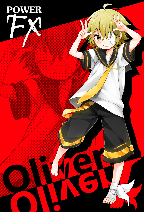 ahoge bandage_over_one_eye bandages barefoot bass_clef blonde_hair character_name closed_eyes company_name cosplay full_body grin hair_over_one_eye halftone kagamine_len kagamine_len_(cosplay) leg_warmers male_focus mizuhoshi_taichi necktie oliver_(vocaloid) sailor_collar shorts silhouette smile smirk solo vocaloid zoom_layer