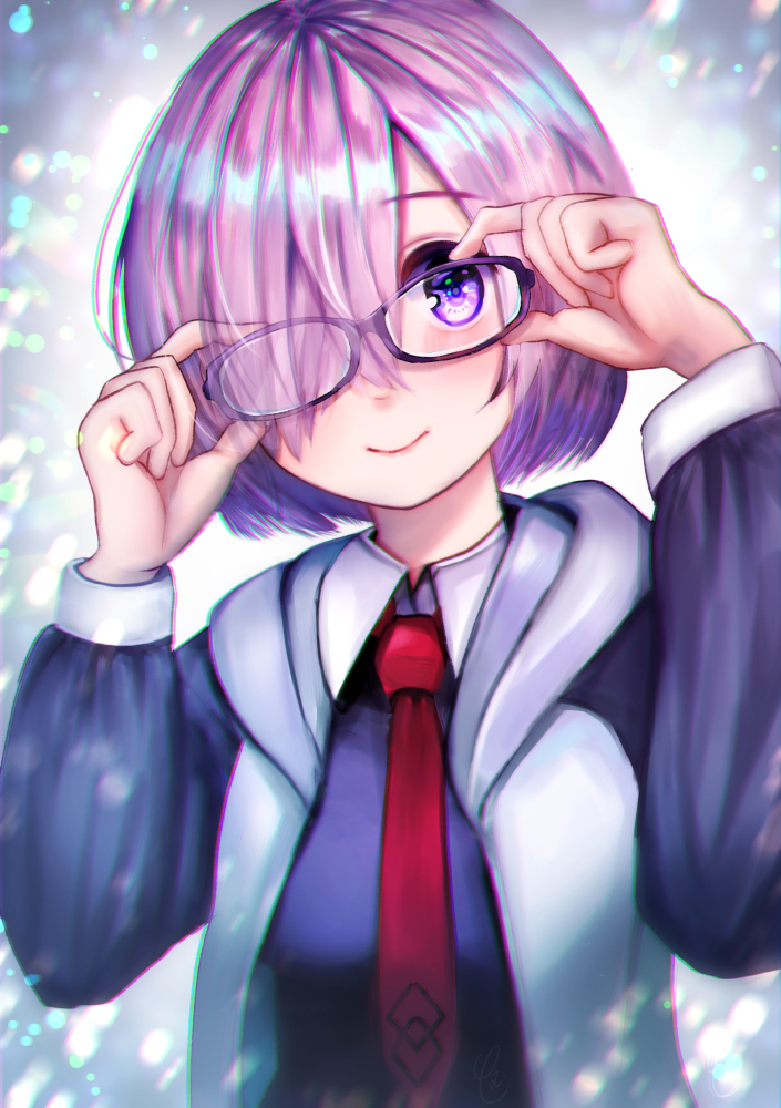 adjusting_eyewear chromatic_aberration commentary fate/grand_order fate_(series) glasses hair_over_one_eye hood hoodie long_sleeves looking_at_viewer mash_kyrielight necktie purple-framed_eyewear purple_eyes purple_hair red_neckwear shiny shiny_hair short_hair smile solo soramame_tomu upper_body
