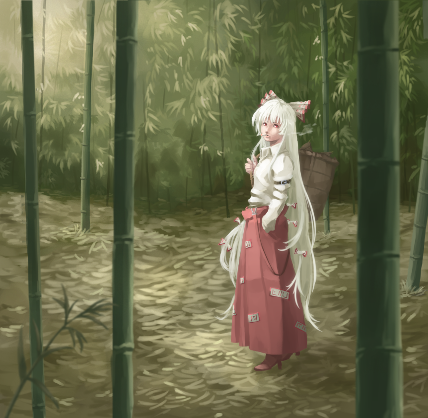 armband bamboo bamboo_forest bow casket cigarette closed_mouth collared_shirt commentary_request day expressionless forest from_side fujiwara_no_mokou full_body hair_bow hair_ribbon hand_in_pocket hand_up lips long_hair long_skirt long_sleeves looking_at_viewer mouth_hold nagi_(xx001122) nature ofuda ofuda_on_clothes outdoors red_eyes ribbon shirt skirt smoke smoking solo standing suspender_skirt suspenders touhou very_long_hair white_hair wing_collar
