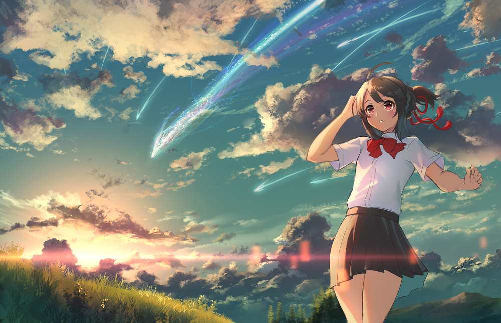 aguy ahoge bangs black_hair blush bow bowtie cloud cloudy_sky collared_shirt comet commentary_request cowboy_shot grass kimi_no_na_wa looking_up miyamizu_mitsuha outdoors parted_lips pleated_skirt ponytail red_bow red_eyes red_neckwear red_string scenery school_uniform shirt shooting_star short_sleeves sidelocks skirt sky smile solo string tareme thighs twilight white_shirt