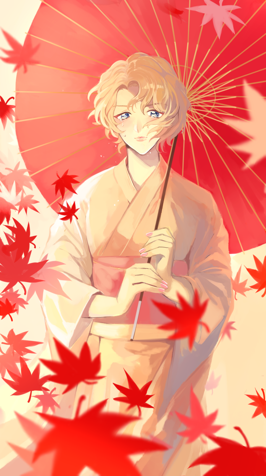 autumn_leaves blue_eyes highres japanese_clothes kimono light_brown_hair looking_at_viewer meitantei_conan mizuno_(iori-amu) nail_polish oooka_momiji over_shoulder parasol pink_nails solo standing tears umbrella
