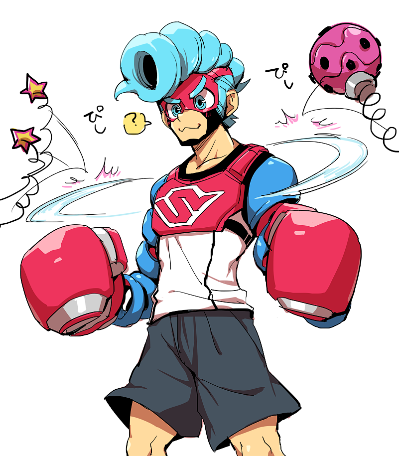 :3 ? al_bhed_eyes arms_(game) black_shorts blue_eyes boxing_gloves cowboy_shot male_focus megaton_(arms) pompadour shorts sideburns simple_background smile solo spoken_question_mark spring_man_(arms) suno_(imydream) toaster_(arms) v-shaped_eyebrows white_background