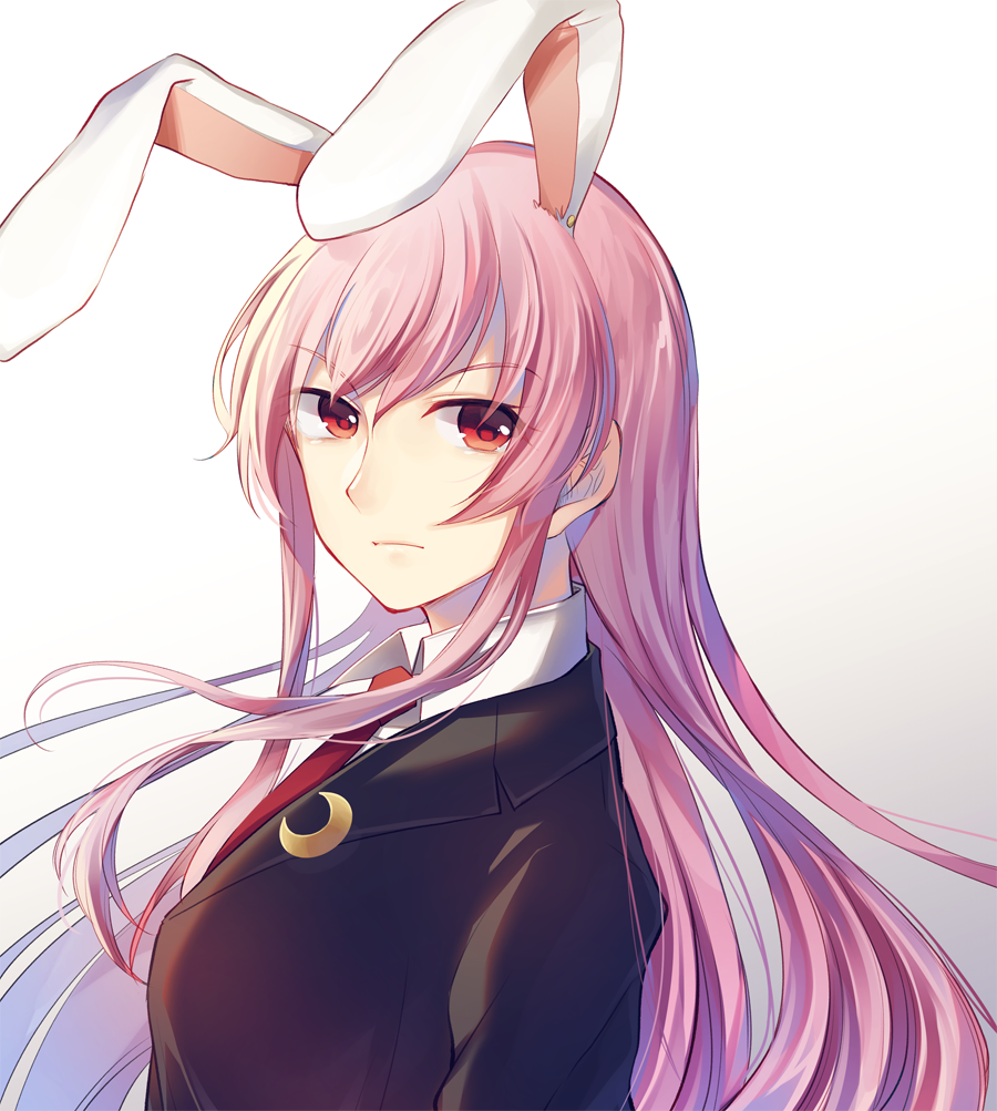 animal_ears bangs blazer breasts bunny_ears closed_mouth collared_shirt commentary_request crescent crescent_moon_pin extra_ears from_side gradient gradient_background jacket kaede_(mmkeyy) lavender_hair long_hair long_sleeves looking_at_viewer looking_to_the_side medium_breasts necktie red_eyes red_neckwear reisen_udongein_inaba shirt solo touhou upper_body white_shirt wing_collar