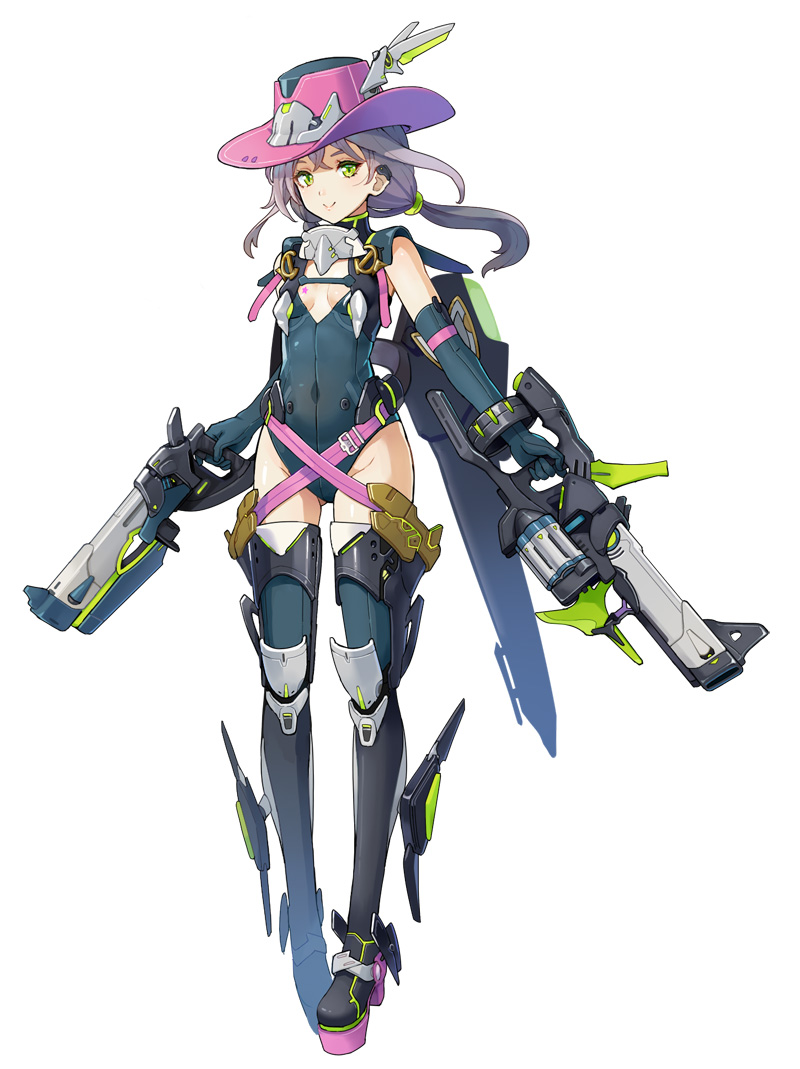 armor armored_boots bangs belt black_footwear black_gloves black_leotard boots breasts cleavage_cutout commentary_request covered_navel crossed_belts dual_wielding elbow_gloves evers full_body gloves green_eyes groin gun hair_ornament hat holding holding_gun holding_weapon lavender_hair leotard long_hair looking_at_viewer original pink_belt pink_hat simple_background small_breasts smile solo standing star thigh_boots thighhighs weapon white_background white_hat