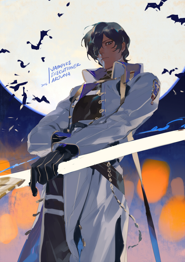 arjuna_(fate/grand_order) backlighting bat bow_(weapon) brown_hair commentary_request dark_skin dark_skinned_male fate/grand_order fate_(series) full_moon gloves gold_trim hair_over_one_eye long_coat looking_at_viewer male_focus moon night outdoors rei_(sanbonzakura) solo weapon white_gloves