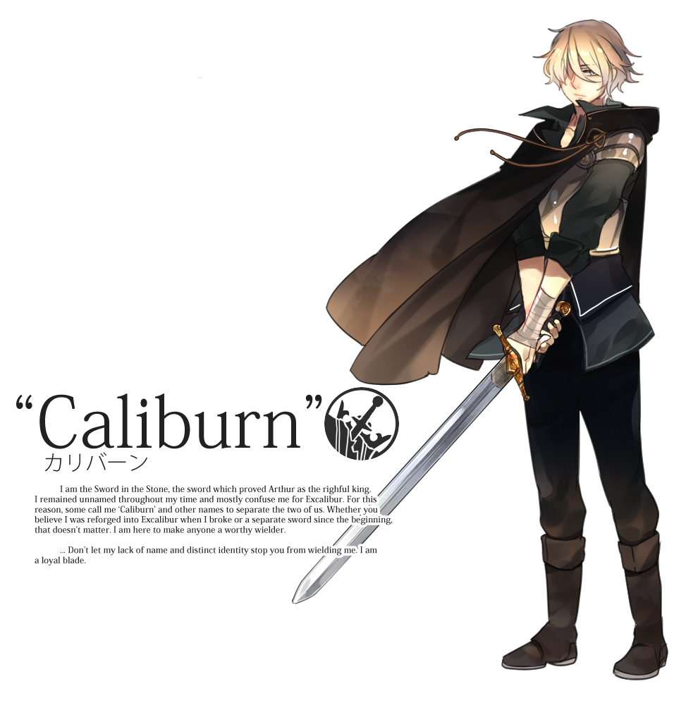 arm_wrap armor blonde_hair boots caliburn cape character_name crest english full_body hair_over_one_eye looking_at_viewer male_focus original personification rosel-d sigil silver_eyes simple_background solo sword touken_ranbu weapon white_background