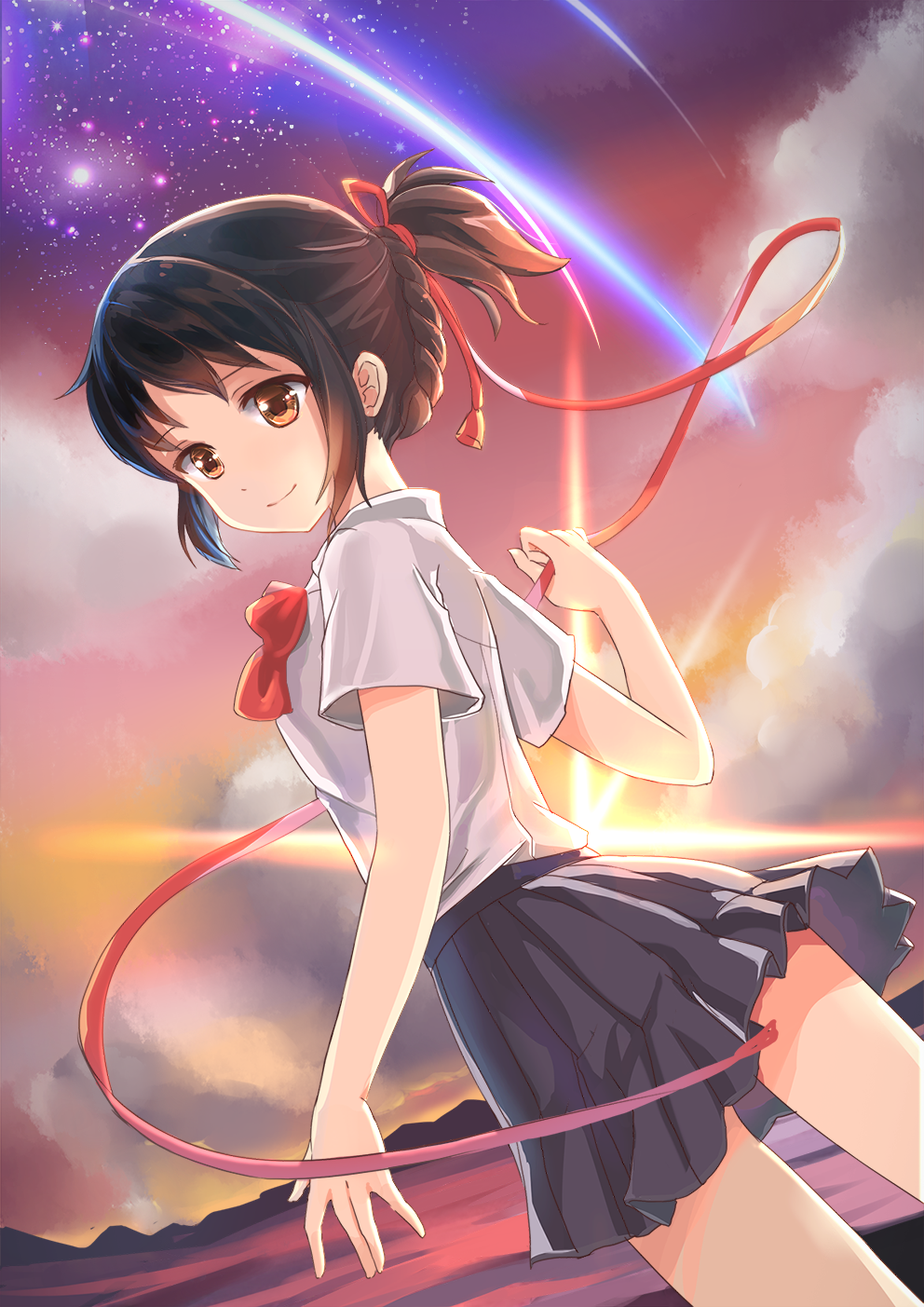 bangs black_hair black_skirt braid brown_eyes closed_mouth cloud cloudy_sky collared_shirt commentary_request dutch_angle highres holding kimi_no_na_wa laizi looking_at_viewer looking_back miyamizu_mitsuha pleated_skirt ponytail red_string school_uniform shirt short_sleeves sidelocks skirt sky smile solo standing star_(sky) starry_sky string twilight white_shirt