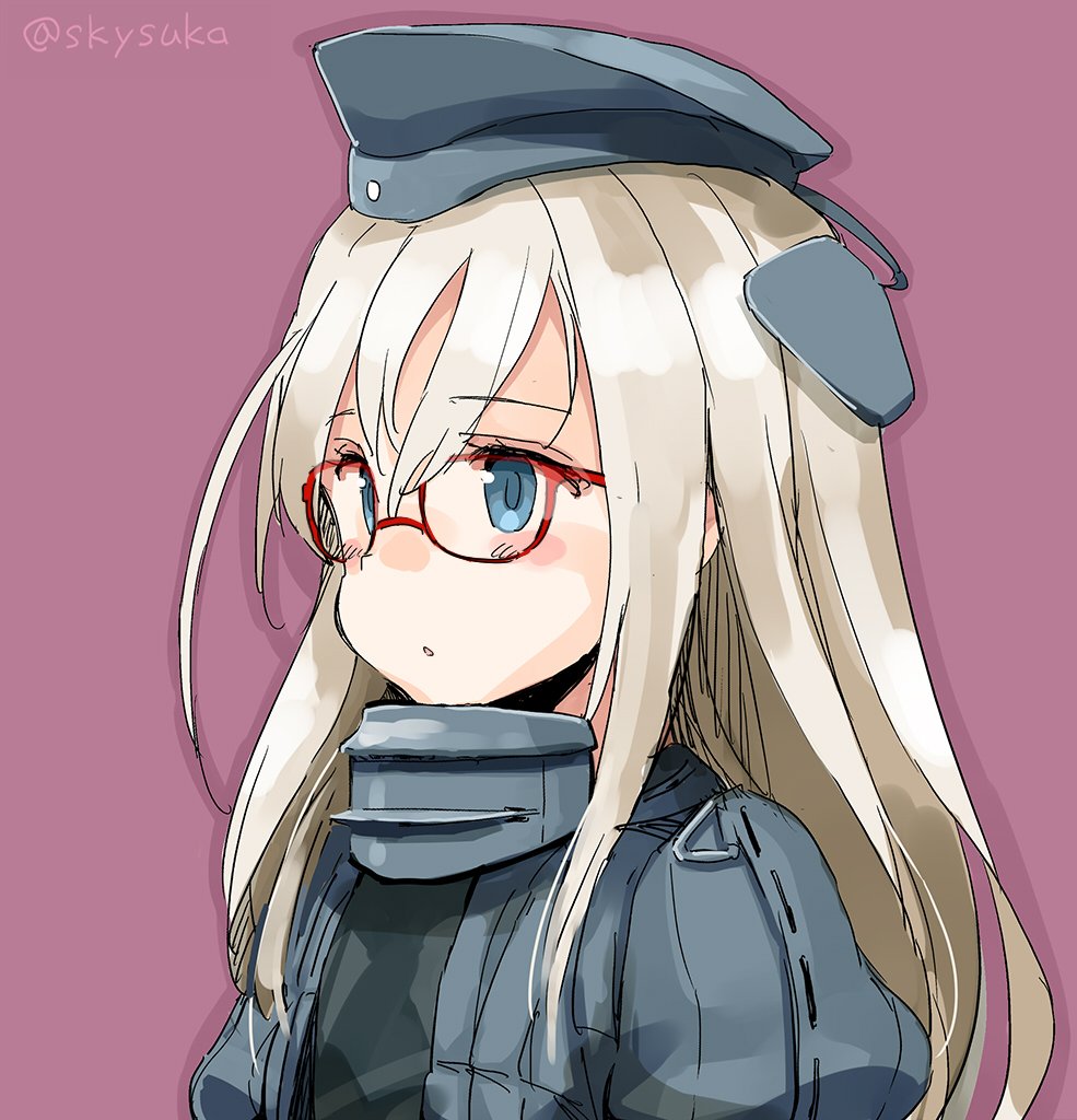 bespectacled blonde_hair blue_eyes blush commentary garrison_cap glasses hat kantai_collection long_hair looking_away parted_lips purple_background red-framed_eyewear solo suka twitter_username u-511_(kantai_collection) upper_body