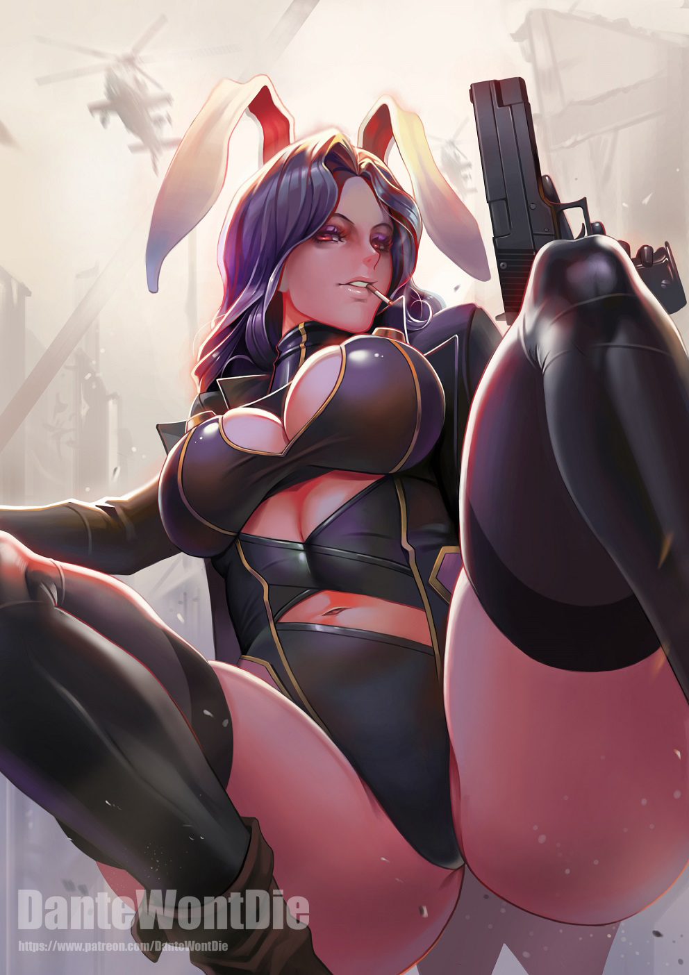 aircraft animal_ears artist_name banned_artist black_legwear breasts bunny_ears cigarette cleavage commentary_request extra_ears grin gun handgun helicopter highres large_breasts long_hair looking_at_viewer navel parted_lips pistol purple_hair red_eyes reisen_udongein_inaba sig_sauer sig_sauer_p226 skindentation smile solo squatting thighhighs thighs touhou weapon yinan_cui