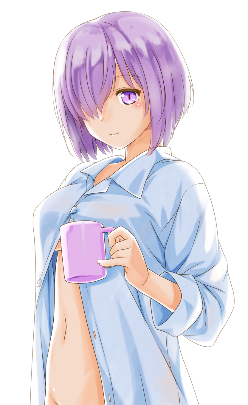 collared_shirt cup dress_shirt fate/grand_order fate_(series) hair_over_one_eye highres holding holding_cup light_smile long_sleeves looking_at_viewer mash_kyrielight mug naked_shirt navel purple_eyes purple_hair shirt simple_background solo unbuttoned unbuttoned_shirt uzuki_hiro white_background wing_collar