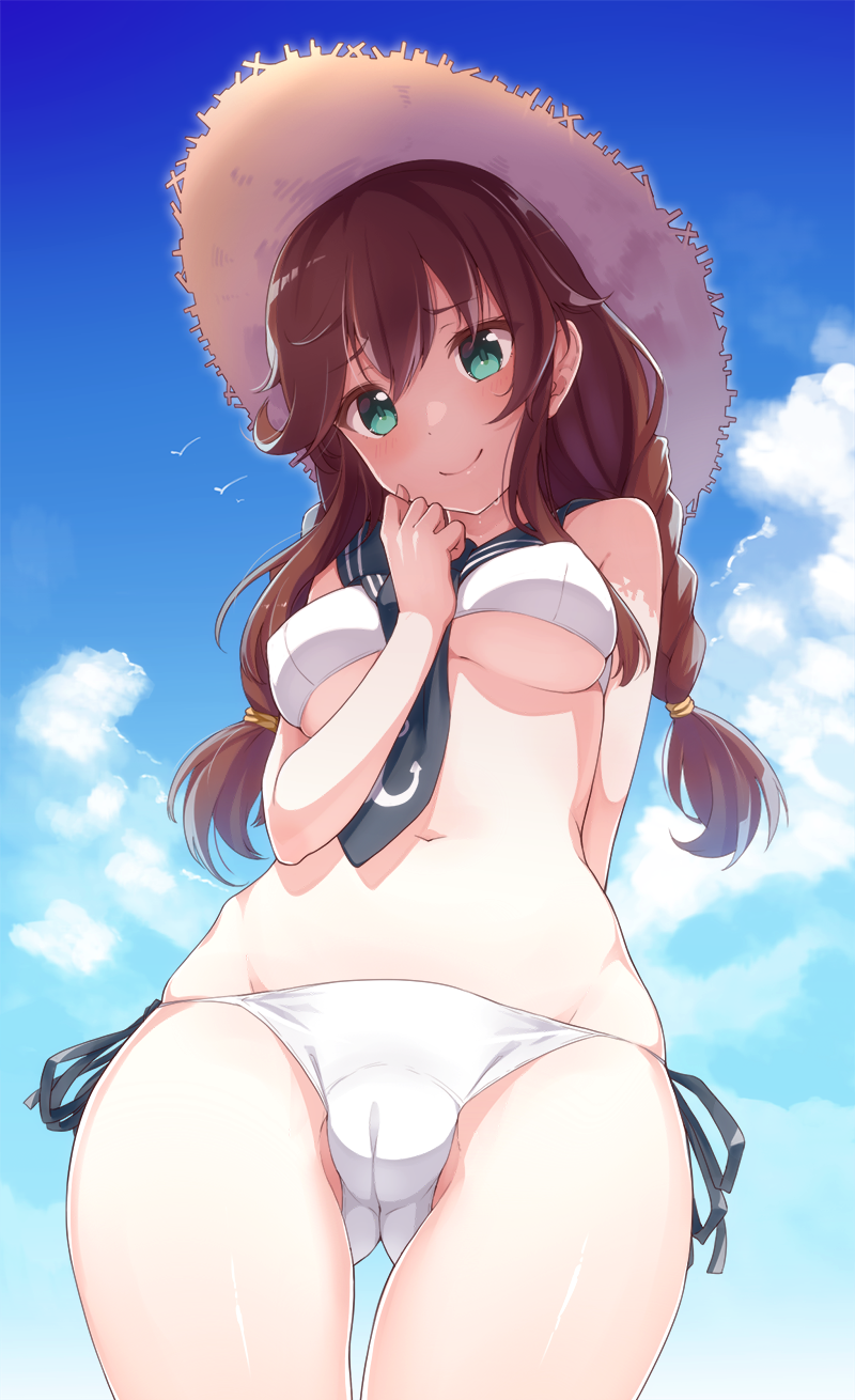 anchor_symbol animal arm_behind_back bangs bikini bird blue_sky blush braid breasts brown_hair cameltoe closed_mouth cloud commentary_request covered_nipples cowboy_shot day eyebrows_visible_through_hair from_below green_eyes hair_between_eyes hair_tie hat highres kantai_collection konnyaku_(kk-monmon) long_hair looking_at_viewer looking_down medium_breasts navel necktie noshiro_(kantai_collection) outdoors sailor_collar side-tie_bikini sky smile solo standing straw_hat swimsuit twin_braids underboob white_bikini