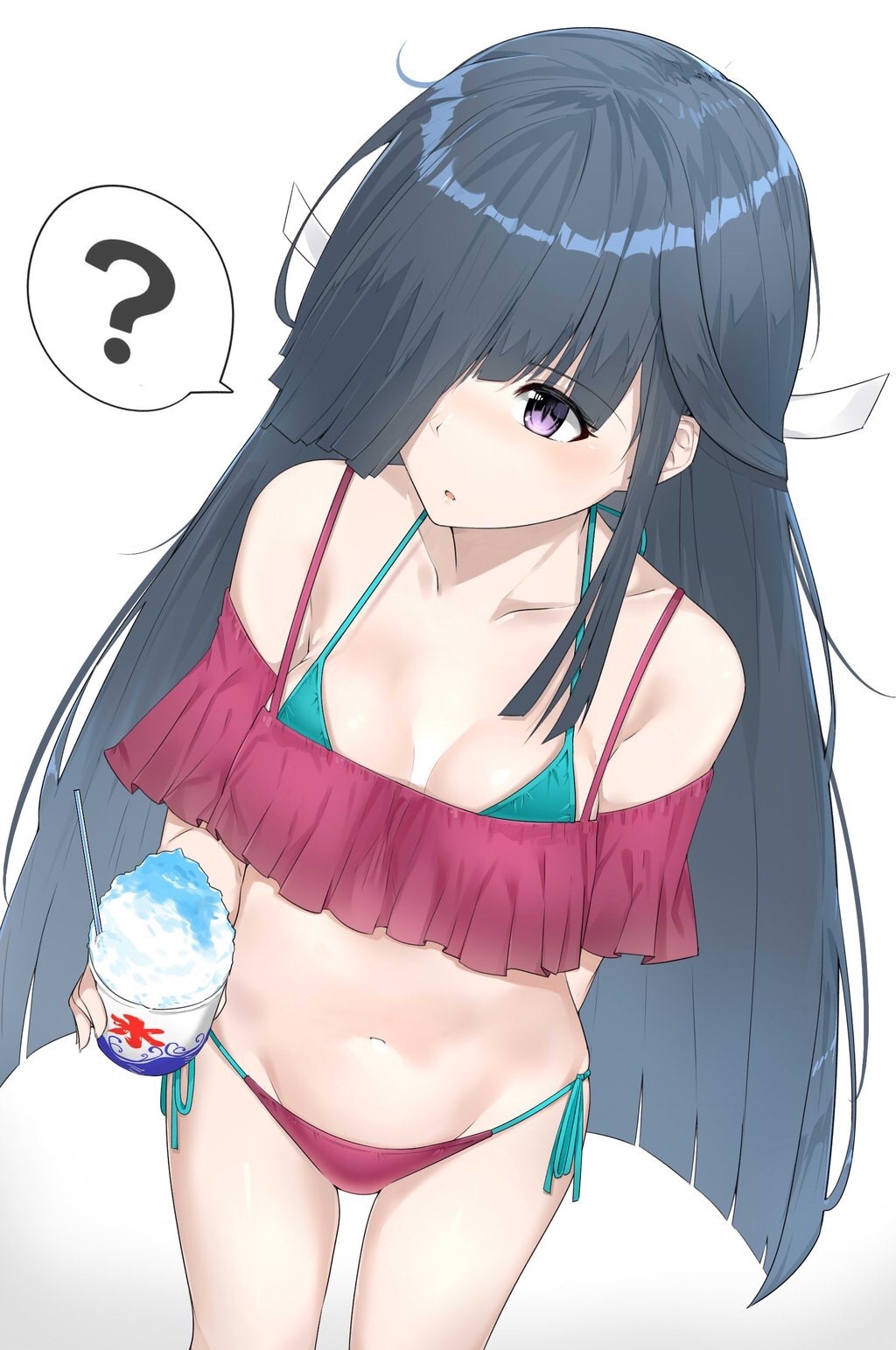? bad_id bad_pixiv_id bikini black_hair breasts from_above hair_over_one_eye halterneck hayashimo_(kantai_collection) highres kantai_collection long_hair navel off-shoulder_shirt purple_eyes red_bikini shaved_ice shirt side-tie_bikini simple_background small_breasts solo spoken_question_mark suzuharu_toufu swimsuit very_long_hair white_background